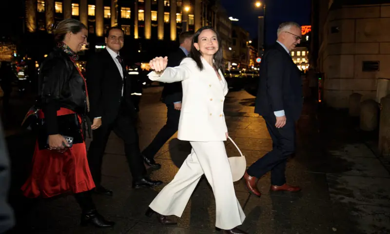 ]Nobel Peace Prize laureate Maria Corina Machado reacts on her way to visit the Storting, in Oslo, Norway, December 11, 2025. —Reuters
