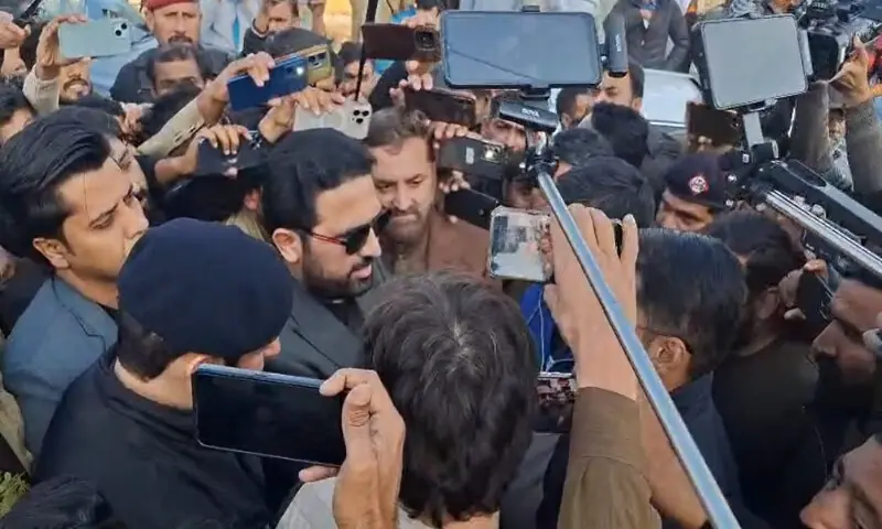KP Chief Minister Sohail Afridi is talking to the media outside Adiala jail on Thursday. KP Chief Minister Sohail Afridi is talking to the media outside Adiala jail on Thursday.