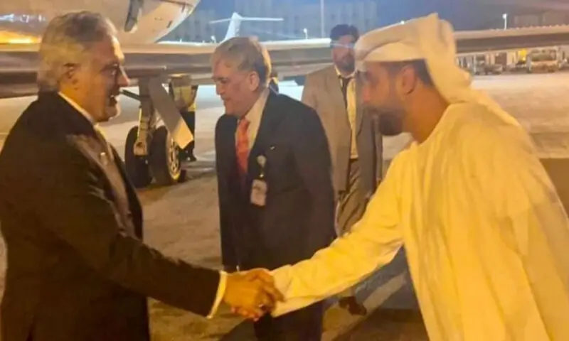 A representative of the UAE Royal Protocol receives Deputy Prime Minister Ishaq Dar at Abu Dhabi airport. Radio Pakistan A representative of the UAE Royal Protocol receives Deputy Prime Minister Ishaq Dar at Abu Dhabi airport. Radio Pakistan