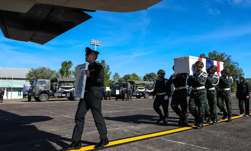 Military personnel carry the coffin of Private Mustageem Chema, covered by the Thai national flag, during a procession ceremony to transport bodies to their home town, at a military airport in Ubon Ratchathani province, Thailand, on Sunday. – Reuters Military personnel carry the coffin of Private Mustageem Chema, covered by the Thai national flag, during a procession ceremony to transport bodies to their home town, at a military airport in Ubon Ratchathani province, Thailand, on Sunday. – Reuters