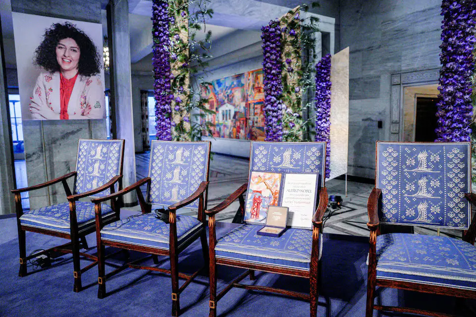 An empty space showing that Nobel Peace Prize winner Narges Mohammadi was not present during the award ceremony at Oslo City Hall, Norway – Reuters An empty space showing that Nobel Peace Prize winner Narges Mohammadi was not present during the award ceremony at Oslo City Hall, Norway – Reuters