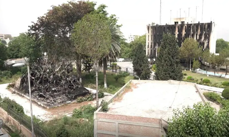 The Radio Pakistan building, which was set on fire by the rioters on May 9. The Radio Pakistan building, which was set on fire by the rioters on May 9.