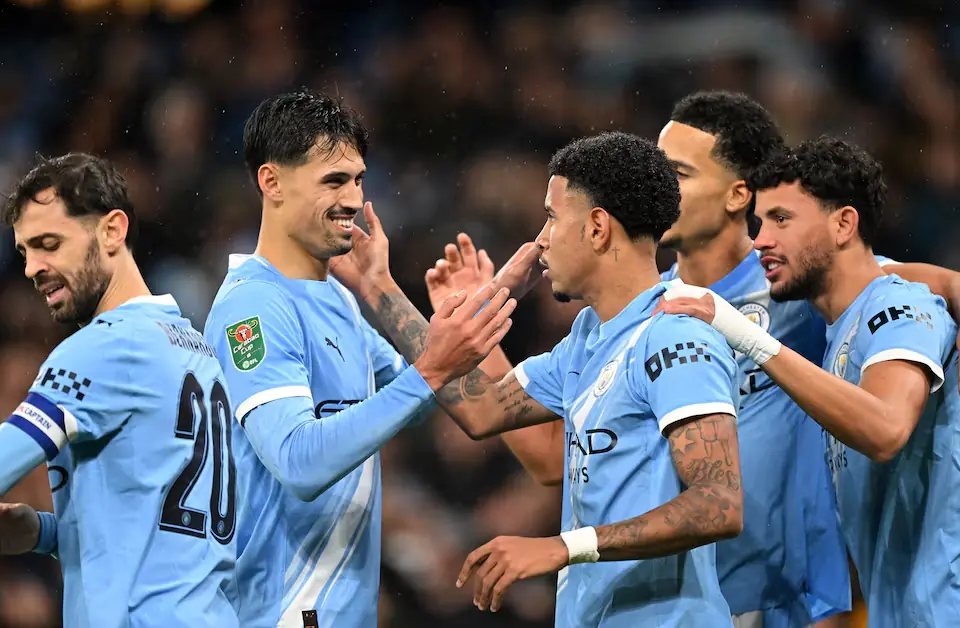 Manchester City’s Savinho celebrates scoring their second goal with teammates in the Quarter Final against Brentford, Carabao cup – Reuters Manchester City’s Savinho celebrates scoring their second goal with teammates in the Quarter Final against Brentford, Carabao cup – Reuters