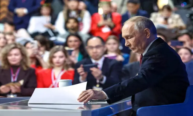 Russian President Vladimir Putin attends his annual end-of-year press conference and phone-in in Moscow, Russia, on December 19, 2025. Sputnik/Reuters