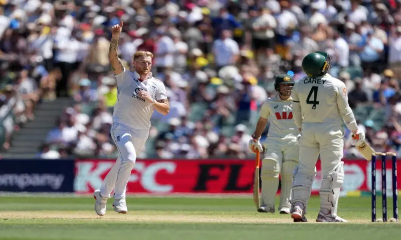 England&rsquo;s Ben Stokes celebrates after taking the wicket of Australia&rsquo;s Alex Carey during the third Ashes Test at Adelaide Oval, Adelaide. &ndash; Reuters