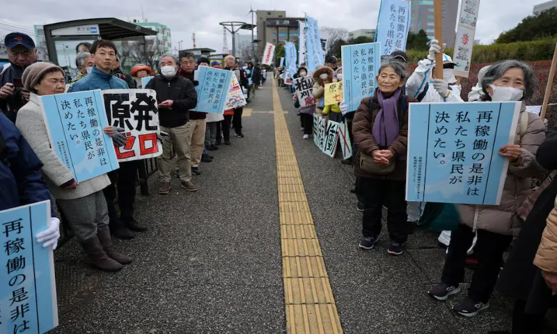 Protesters take part in a rally near Niigata prefectural government office building before voting takes place on a partial restart of the Tokyo Electric Power Company&rsquo;s Kashiwazaki Kariwa Nuclear Power Plant. &ndash; Reuters
