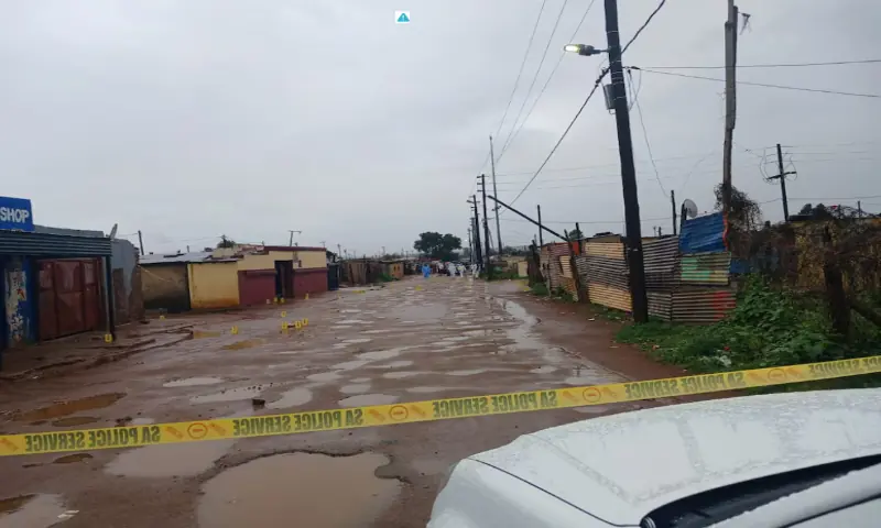 Photo marker cones are placed across the scene after an early morning shooting in Bekkersdal township, south-west of Johannesburg, South Africa. &ndash; Reuters