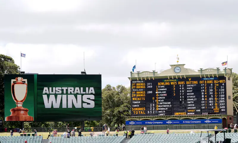A general view of the scoreboard as Australia win the match at Adelaide Oval and retain the Ashes. &ndash; Reuters