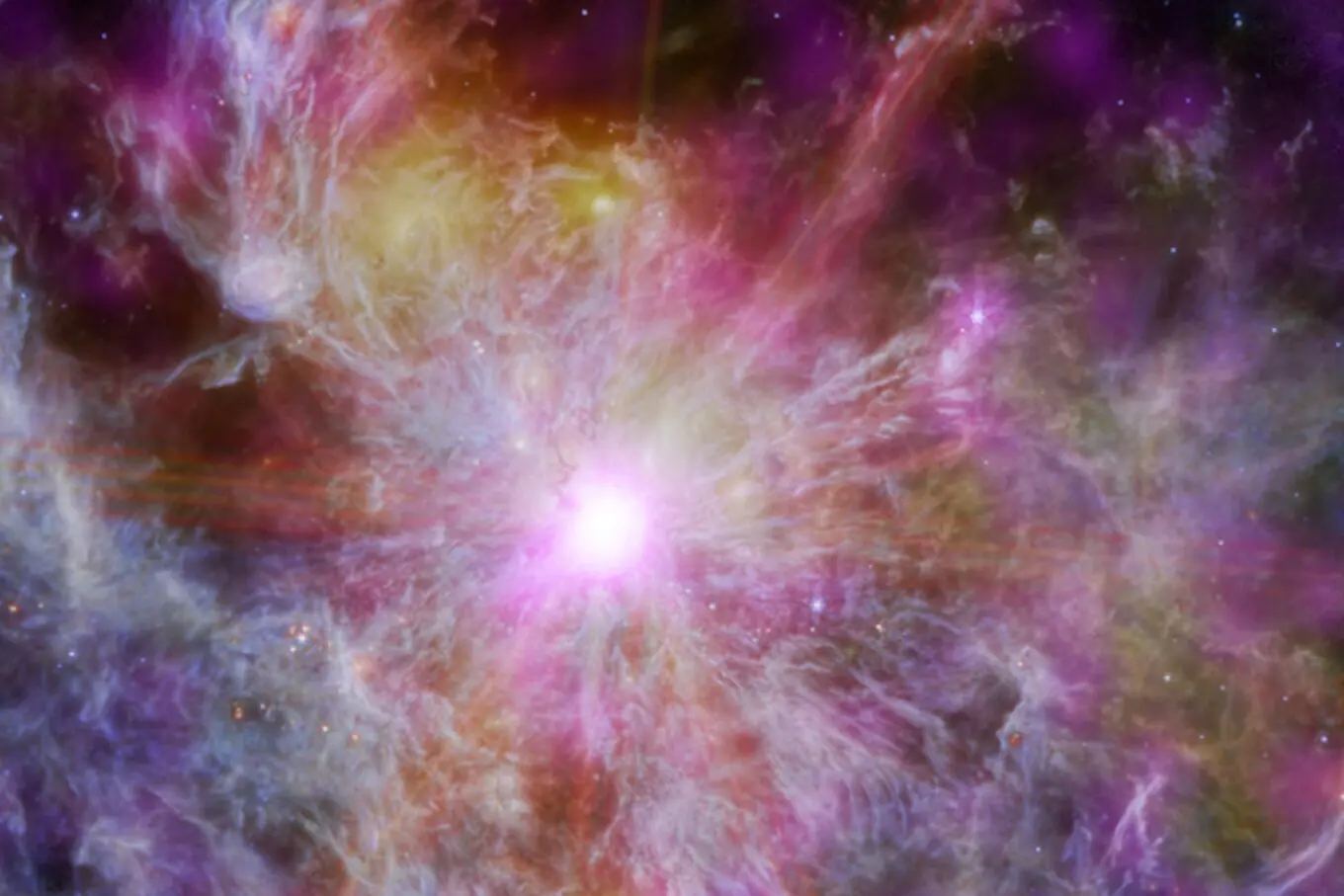 چاندرا ایکس رے آبزرویٹری کی یہ تصویر این 79 کو دکھاتی ہے، جو لارج میجیلینک کلاؤڈ میں ستاروں کی پیدائش کا ایک عظیم خطہ ہے، جہاں نوجوان ستاروں سے پیدا ہونے والی گرم گیس کو ایکس رے اور ویب کے انفرا ریڈ مشاہدات کے امتزاج سے نمایاں کیا گیا ہے۔