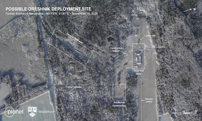 A satellite image shows where US researchers believe that Russia is likely stationing its new nuclear-capable Oreshnik hypersonic cruise missile at the disused airbase Krichev in eastern Belarus near Russia&rsquo;s border. &ndash; Reuters