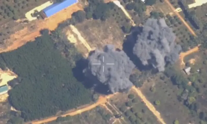 Footage shows smoke rising following what Thailand said were air strikes carried out in Cambodia along a disputed border area in Preah Netr Preah, Banteay Meanchey Province, Cambodia. &ndash; Reuters