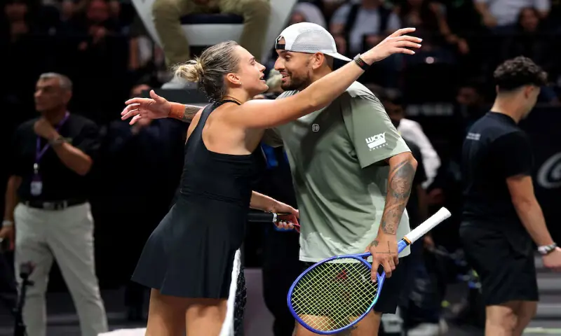 Nick Kyrgios and Aryna Sabalenka greet each other after their match in Dubai. &ndash; Reuters