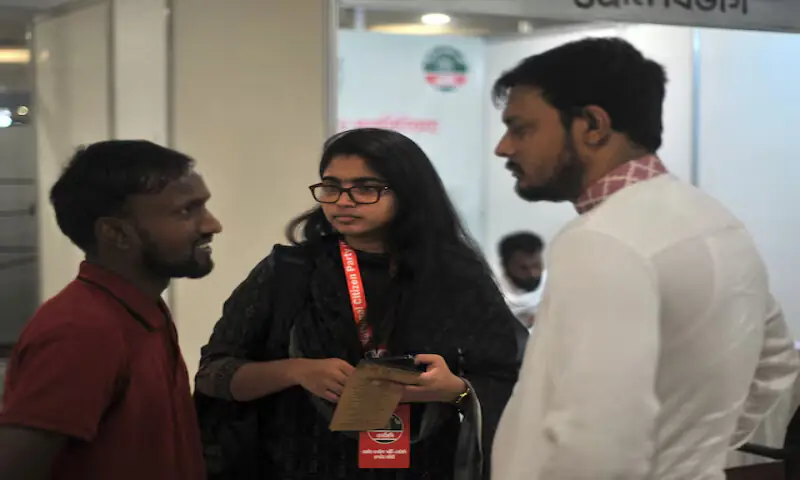 National Citizen Party senior leaders Tasnim Jara and Nasiruddin Patowari speak with Shujon Khan, a rickshaw puller who wants to run for MP in the country&rsquo;s upcoming national election, at the party&rsquo;s candidate interviewing event in Dhaka, Bangladesh. &ndash; Reuters file