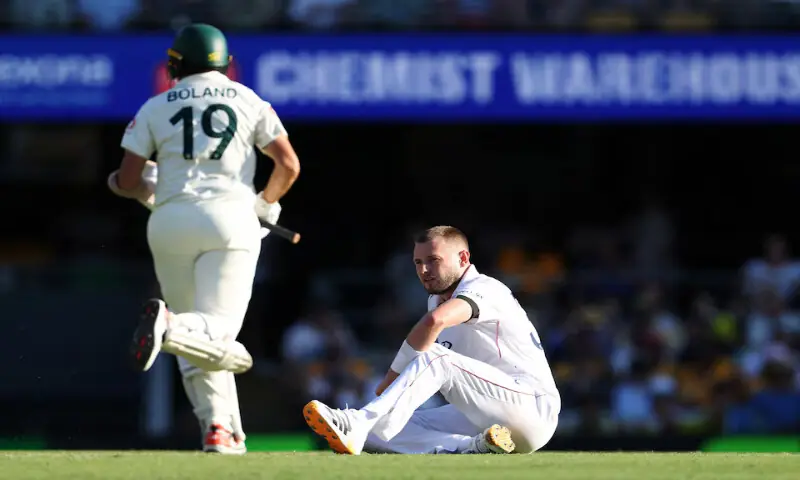 Australia&rsquo;s Scott Boland is running between the wickets as England&rsquo;s Gus Atkinson looks on during the second Ashes Test. &ndash; Reuters