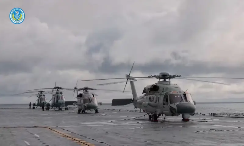 Helicopters on an amphibious assault ship participate in military drills in waters southeast of Taiwan, as seen in this screenshot from a video released by the Eastern Theatre Command of China&rsquo;s People&rsquo;s Liberation Army (PLA). &ndash; Reuters
