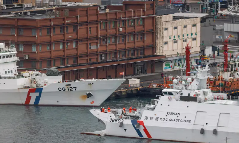 Taiwan coast guard patrol vessels are stationed in Keelung as China conducts &ldquo;Justice Mission 2025&rdquo; military drills around Taiwan. &ndash; Reuters