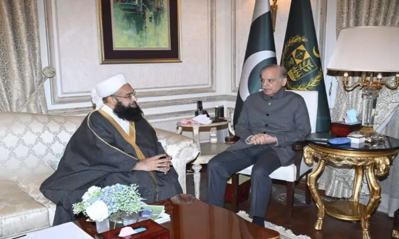 Hafiz Muhammad Tahir Mehmood Ashrafi meets Prime Minister Shehbaz Sharif. APP Hafiz Muhammad Tahir Mehmood Ashrafi meets Prime Minister Shehbaz Sharif. APP