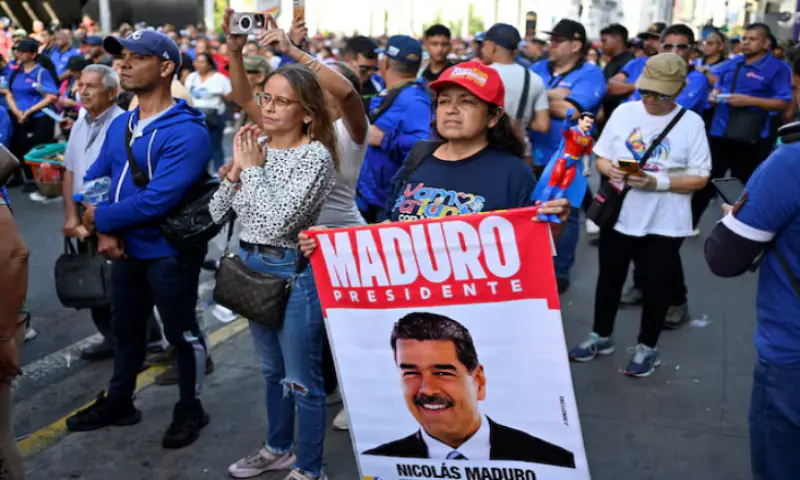 A demonstrator displays a sign with an image of U.S.-deposed Venezuelan President Nicolas Maduro during a march outside the National Assembly on the day Vice President Delcy Rodriguez was formally sworn in as Venezuela’s interim president, as Maduro appeared in a New York court after the Trump administration removed him from power, in Caracas, Venezuela. – Reuters A demonstrator displays a sign with an image of U.S.-deposed Venezuelan President Nicolas Maduro during a march outside the National Assembly on the day Vice President Delcy Rodriguez was formally sworn in as Venezuela’s interim president, as Maduro appeared in a New York court after the Trump administration removed him from power, in Caracas, Venezuela. – Reuters