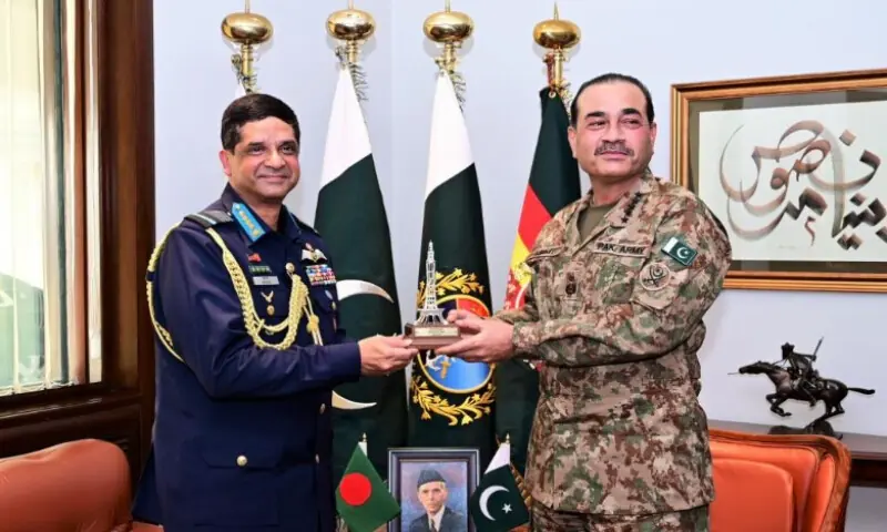 Air Chief Marshal Hasan Mahmood Khan, Chief of Air Staff of the Bangladesh Air Force, called on Field Marshal Syed Asim Munir, Chief of Army Staff and Chief of Defence Forces. ISPR