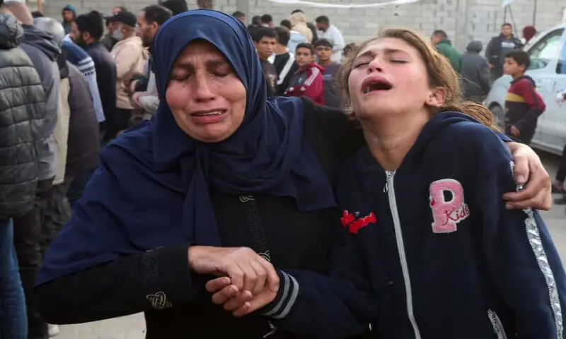 Mourners react as they attend the funeral of a Palestinian who, according to medics, was killed in an Israeli strike, at Nasser Hospital, in Khan Younis, in the southern Gaza Strip, on January 8, 2026. Reuters