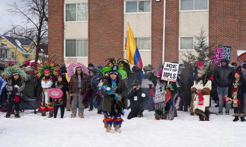 Members of Kalpulli Tlaloctecuhtli hold placards during an &ldquo;ICE Out of Minnesota&rdquo; rally and march in Minneapolis, Minnesota, US. &ndash; Reuters