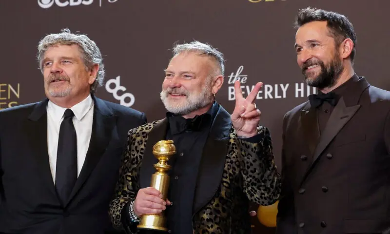 John Wells, R. Scott Gemmill and Noah Wyle pose with the Best Television Series - Drama award for &ldquo;The Pitt&rdquo; at the 83rd Annual Golden Globes in Beverly Hills, California. &ndash; Reuters