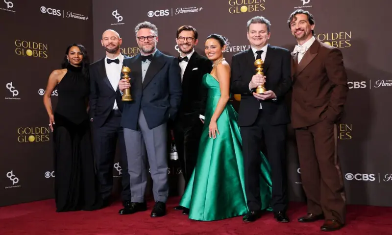 Frida Perez, Evan Goldberg, Seth Rogen, Peter Huyck, Chase Sui Wonders, Alex Gregory and James Weaver pose with the Best Television Series - Musical or Comedy award for &ldquo;The Studio&rdquo; at the 83rd Annual Golden Globes in Beverly Hills, California. &ndash; Reuters