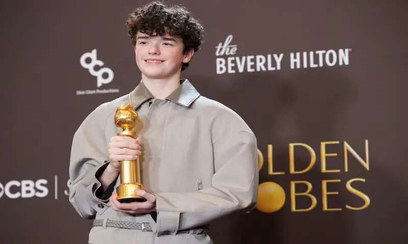 Owen Cooper poses with the Best Performance by a Male Actor in a Supporting Role on Television award for &ldquo;Adolescence&rdquo; at the 83rd Annual Golden Globes in Beverly Hills, California. &ndash; Reuters