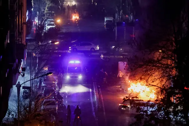 Cars burn in a street during a protest over the collapse of the currency&rsquo;s value, in Tehran, Iran. &ndash; Reuters