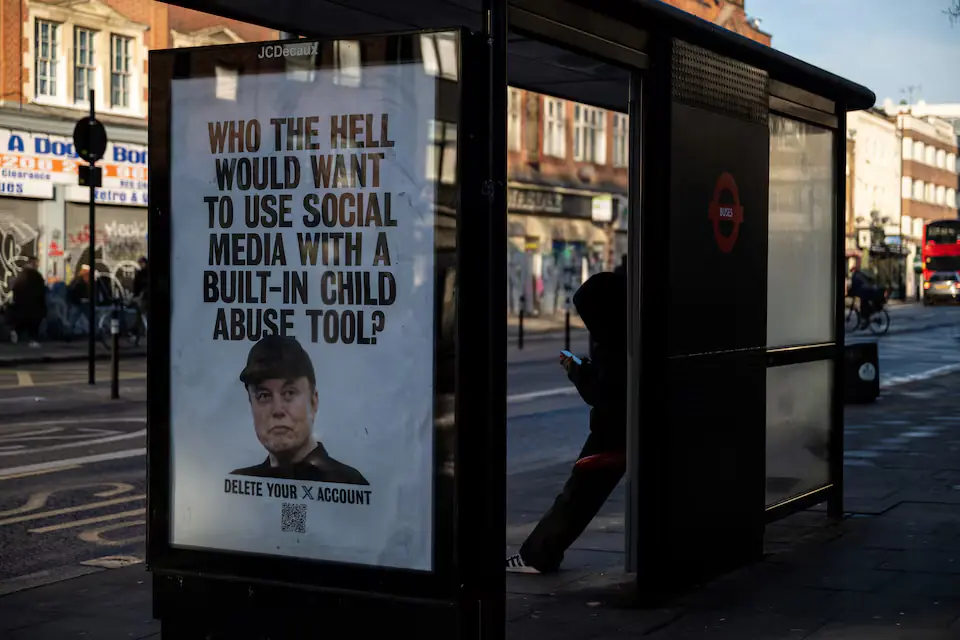 A bus stop displays a poster put in place by protest group Everyone Hates Elon, calling for a boycott of Elon Musk&rsquo;s social media platform X, in London. &ndash; Reuters