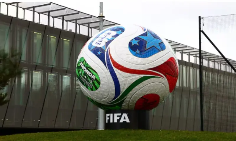 General view of a built replica of Trionda, the official match ball for FIFA World Cup 2026. Reuters