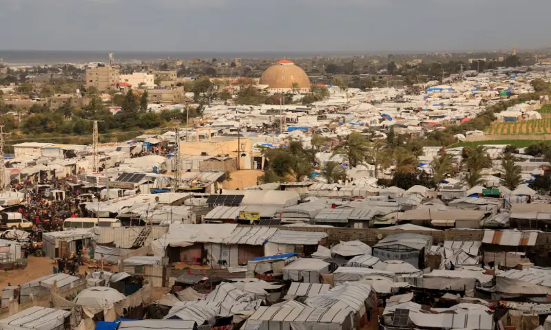Displaced Palestinians shelter at a tent camp in Khan Younis, southern Gaza Strip. &ndash; Reuters