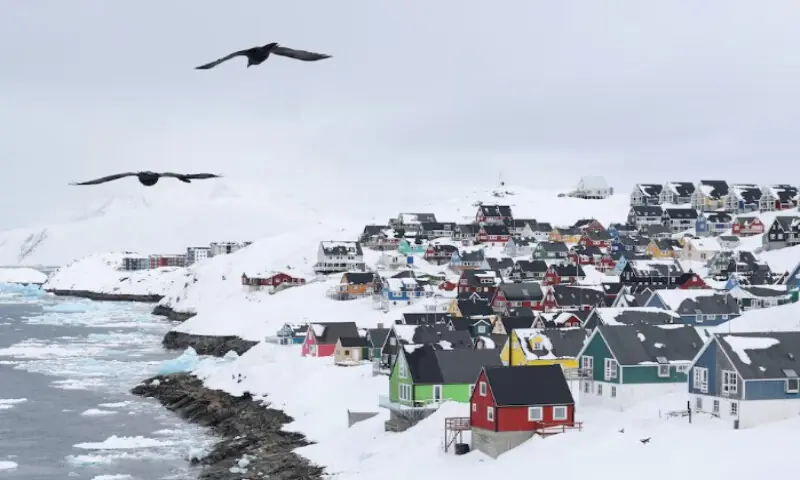 Seagulls fly over the old city of Nuuk, Greenland, on March 29, 2025. Reuters file