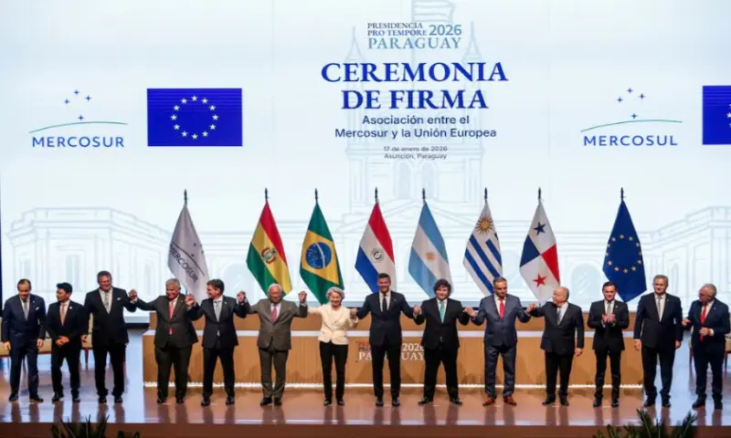 Authorities of the European Union and the South American bloc Mercosur pose during the signing ceremony of a free trade agreement, ending more than 25 years of negotiations, in Asuncion, Paraguay, on January 17, 2026. Reuters