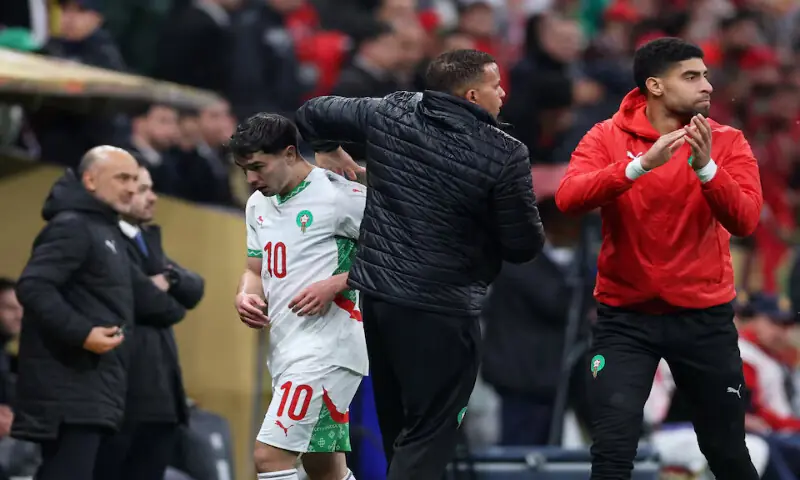 Morocco&rsquo;s Brahim Diaz looks dejected as he leaves the pitch after being substituted. &ndash; Reuters
