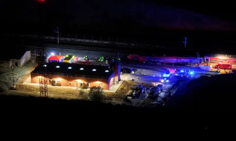 A drone view shows emergency services at work at the site of a deadly train derailment in Cordoba province, Spain. &ndash; Reuters