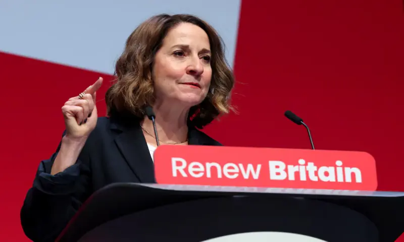 British Science, Innovation and Technology Secretary Liz Kendall gestures as she speaks on stage at Britain&rsquo;s Labour Party&rsquo;s annual conference in Liverpool, Britain. &ndash; Reuters