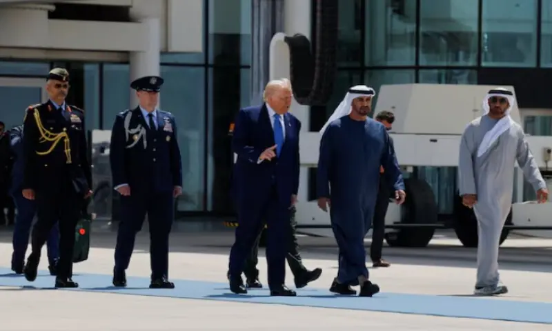 United Arab Emirates President Sheikh Mohamed bin Zayed Al Nahyan accompanies U.S. President Donald Trump as he departs Abu Dhabi on May 16, 2025. Reuters file