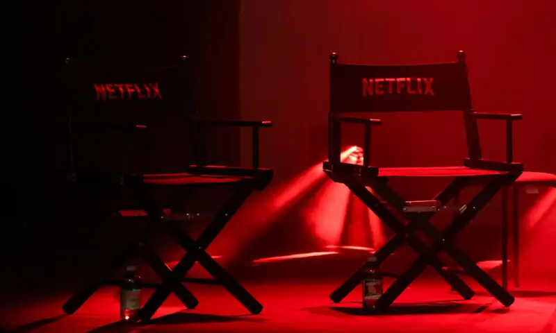 Two director&rsquo;s chairs wth Netflix logo sit on a stage in Lucca, Italy. &ndash; Reuters file