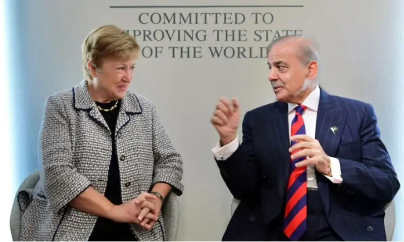 IMF Managing Director Kristalina Georgieva and Prime Minister Shehbaz Sharif during a meeting on the sidelines of the annual meeting of WEF in Davos on Wednesday. Radio Pakistan