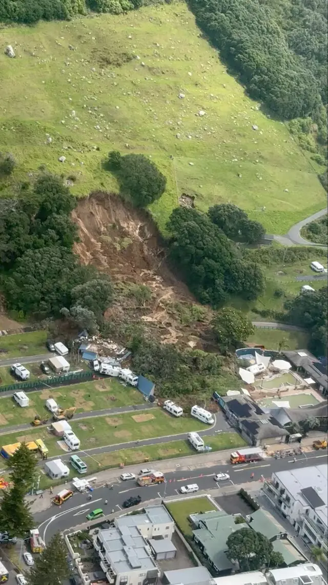 An aerial view of an area affected by a landslide triggered by heavy rains in Mount Maunganui, New Zealand. &ndash; Reuters