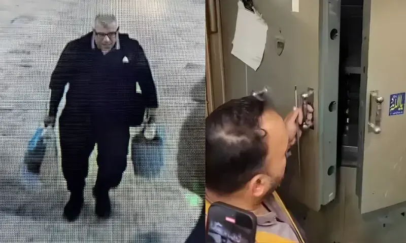 A video circulating on social media shows a man carrying a shopping bag, claimed to be the suspect leaving with gold reportedly worth nearly Rs1 billion. A video circulating on social media shows a man carrying a shopping bag, claimed to be the suspect leaving with gold reportedly worth nearly Rs1 billion.