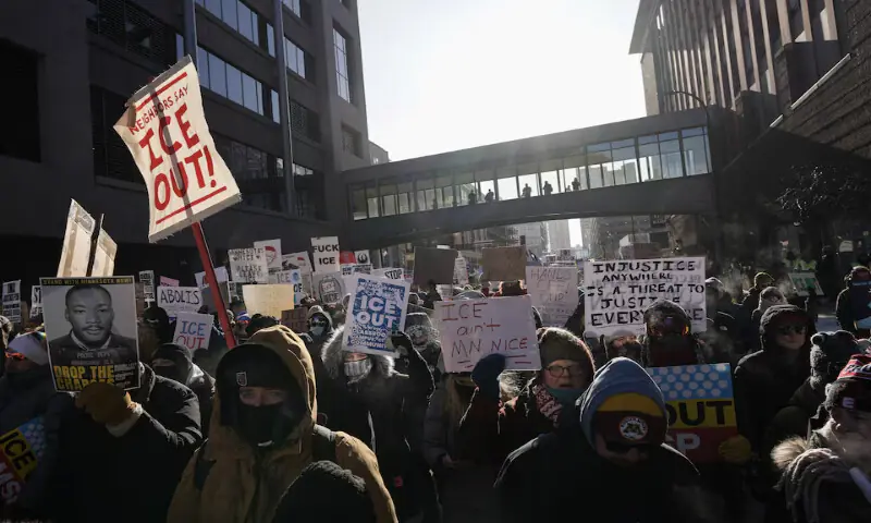 People take part in a rally on the day of a general strike to protest US President Donald Trump&rsquo;s deployment of thousands of immigration enforcement officers on the streets of Minneapolis, Minnesota, US. &ndash; Reuters