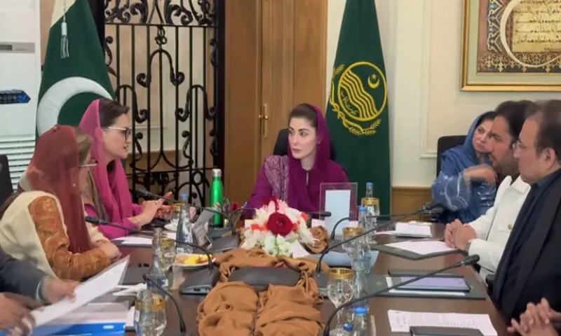 Punjab Chief Minister Maryam Nawaz (centre) chairs a high-level meeting in Lahore on Saturday. Screengrab/Aaj News