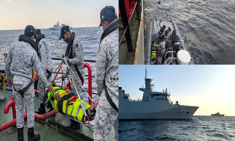 Pakistan Navy undertakes medical evacuation of a Sri Lankan national from merchant vessel MV Grey Palm, 1,500km off Pakistan&rsquo;s coast.