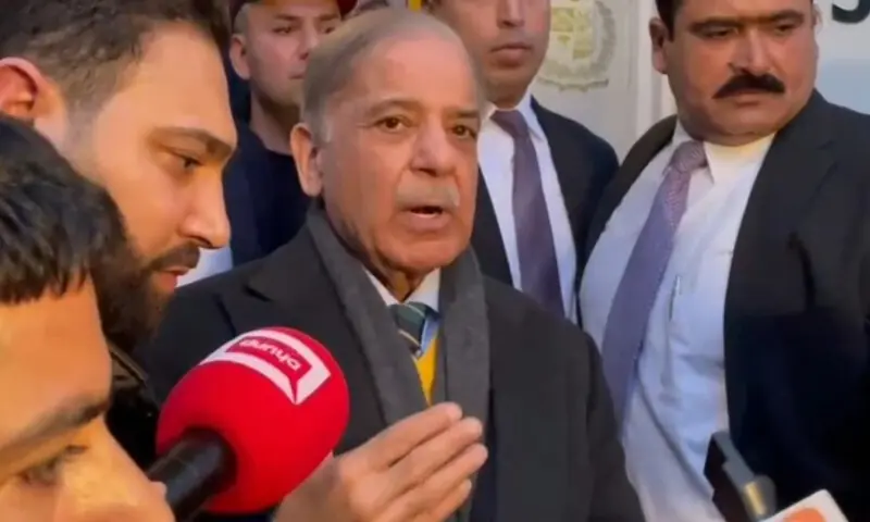 Prime Minister Shehbaz Sharif talking to the media in London on Saturday. PTV