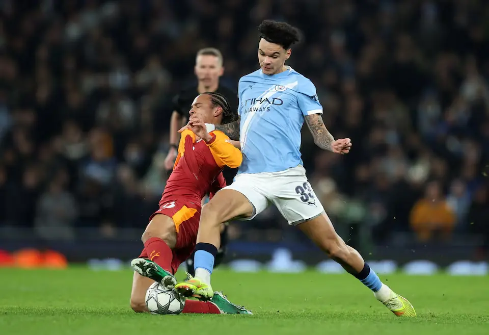 Manchester City&rsquo;s Nico O&rsquo;Reilly with Galatasaray&rsquo;s Leroy Sane. &ndash; Reuters