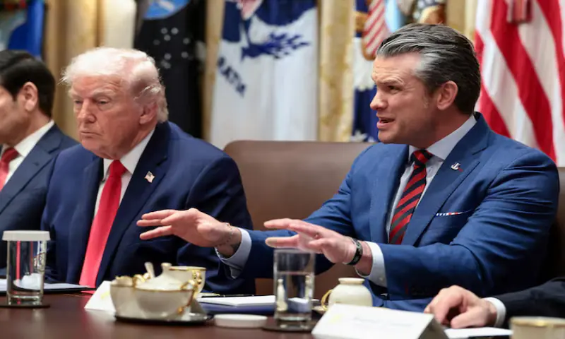 US Defence Secretary Pete Hegseth speaks next to President Donald Trump during a cabinet meeting at the White House in Washington, DC, US. &ndash; Reuters
