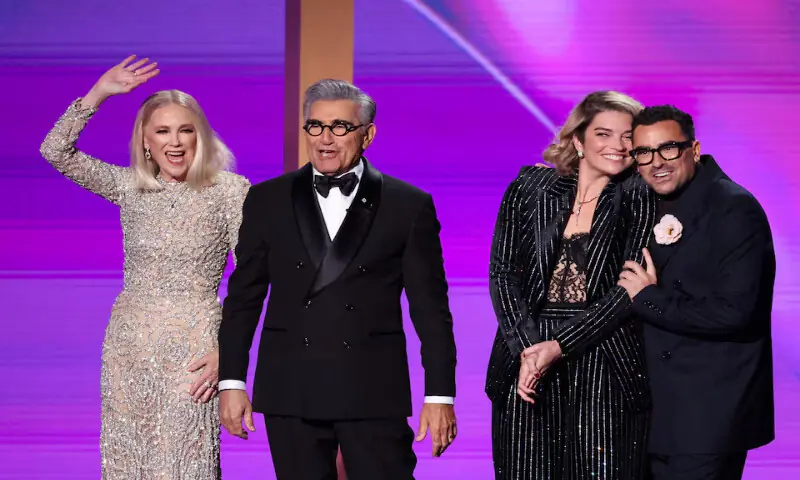 O&rsquo;Hara with the cast of &lsquo;Schitt&rsquo;s Creek&rsquo; at the Emmy Awards in 2024. &ndash; Reuters