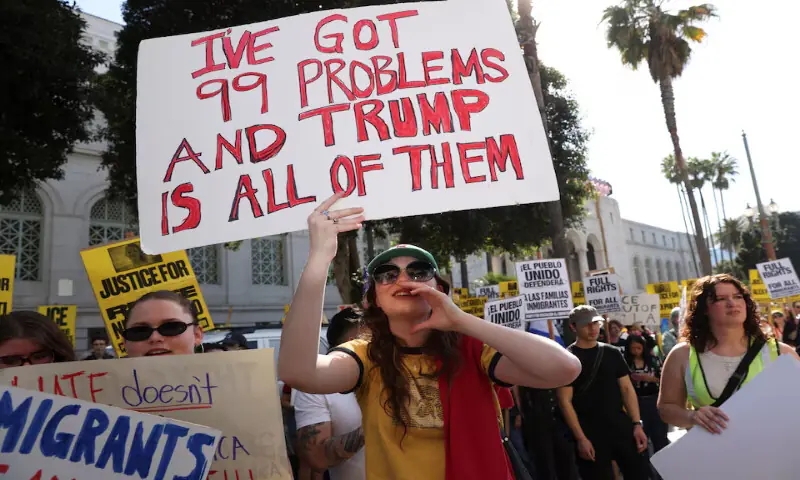 People gather in Los Angeles, California, in a protest against the US Immigration and Customs Enforcement. &ndash; Reuters